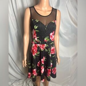 En Focus Studio Floral Fit Flare Dress Size 8 Black Pink Polka Dot Mesh Top